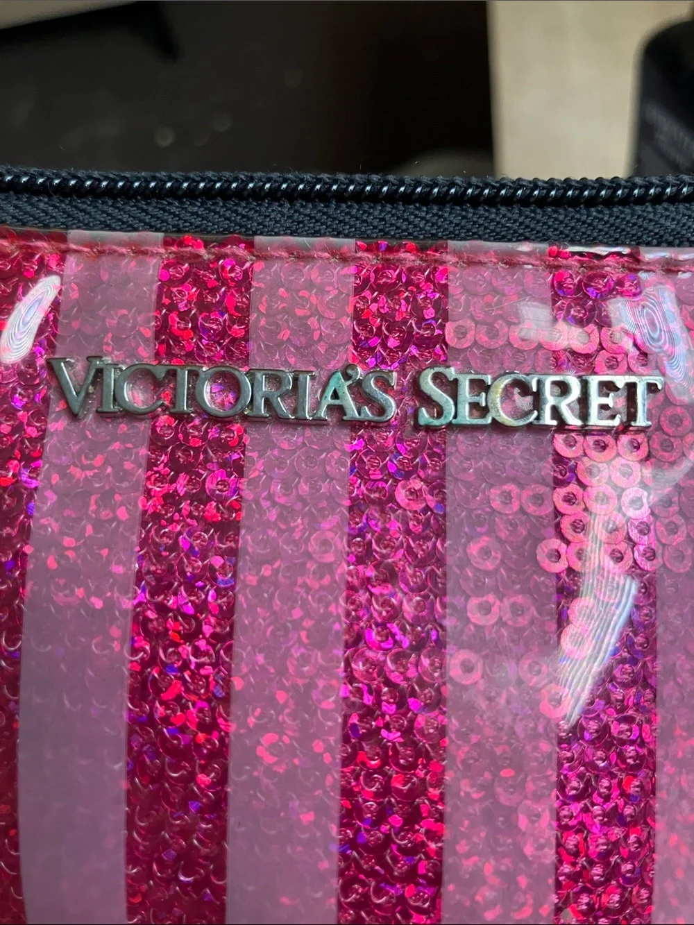 (MAJOR WEAR LOOK AT DESCRIPTION) Victoria Secret Pink Glitter Stripe Makeup Pouc